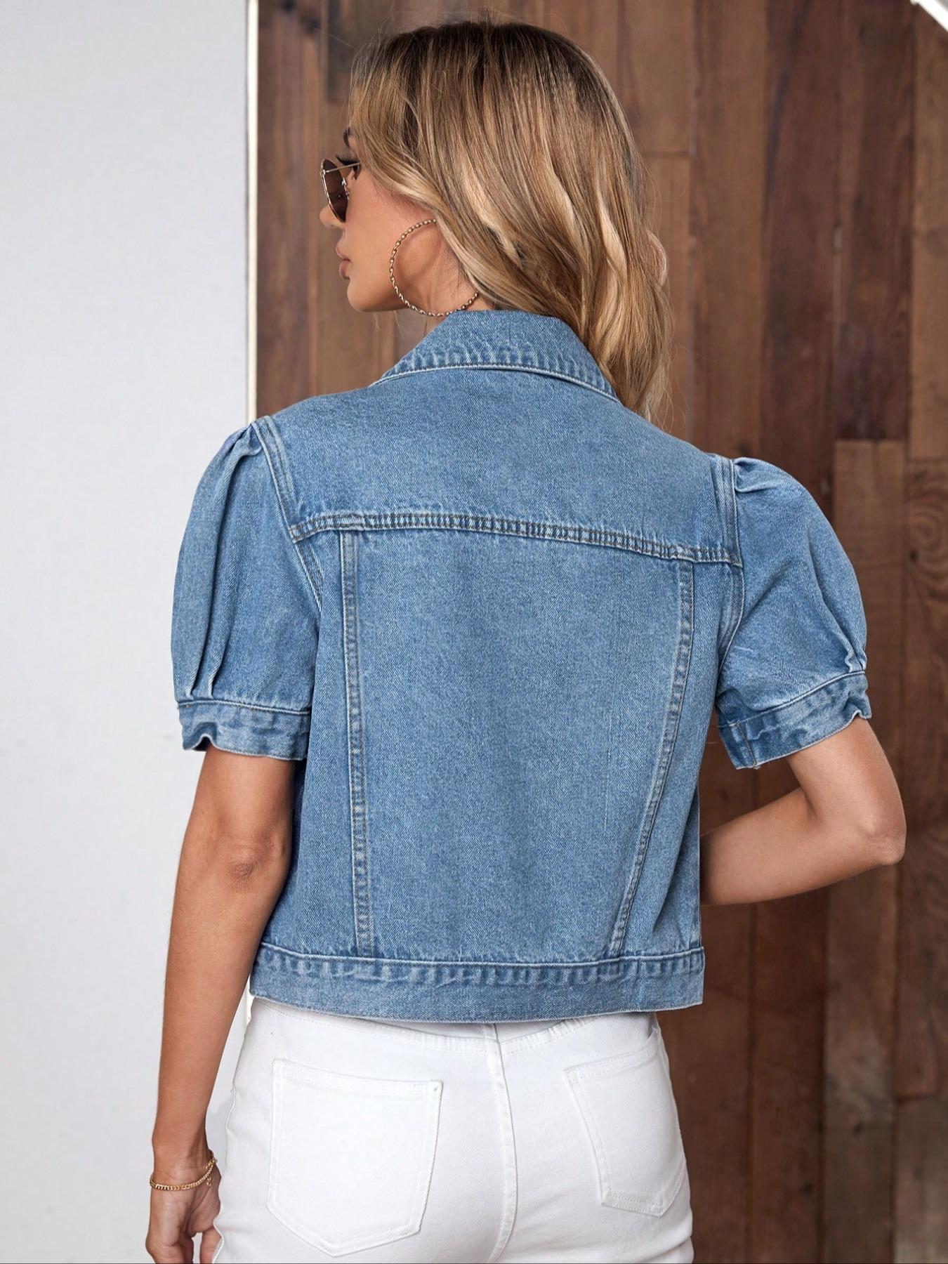 Women's Vintage Bubble Sleeve Light Wash Denim Jacket, Summer Lightweight Thin High Waist Crop Top, Casual Fashionable Fit Short Cropped Jean Coat for Women Women's Vintage Bubble Sleeve Light Wash Denim Jacket, Summer Lightweight Thin High Waist Crop Top, Casual Fashionable Fit Short Cropped Jean Coat for Women