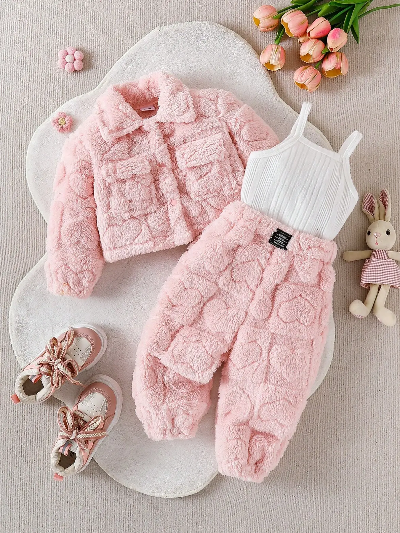 Three-Piece Baby Girl, Fuzzy Long Sleeve Jacket, Fuzzy Pants, Plaid Vest, Sweet Warm Home & Outdoor Set