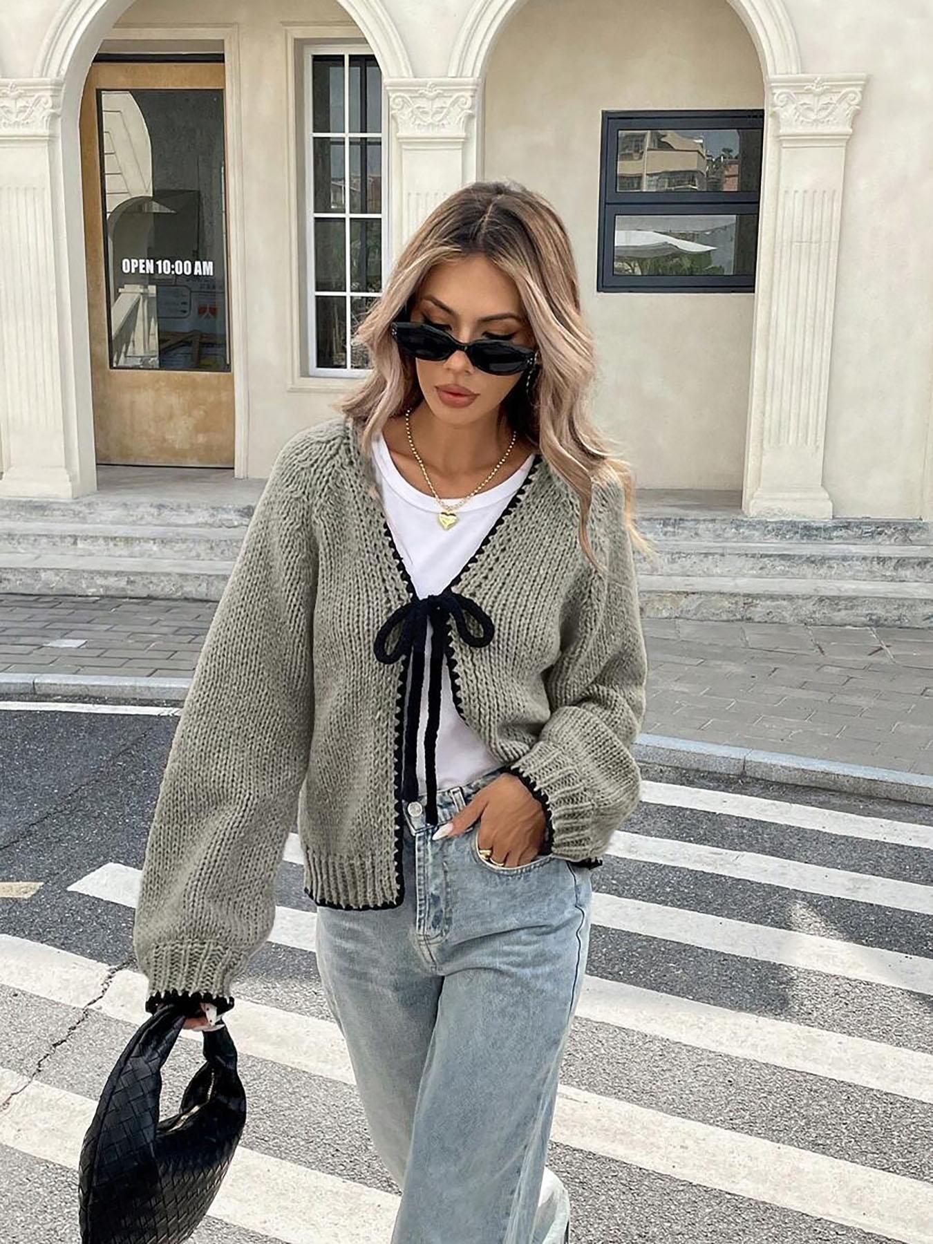 New Contrast Color Knitted Cardigan with Self-Tie Long Sleeves, Stylish Casual Knit Sweater Jacket for Women, Unique Design for Everyday Looks
