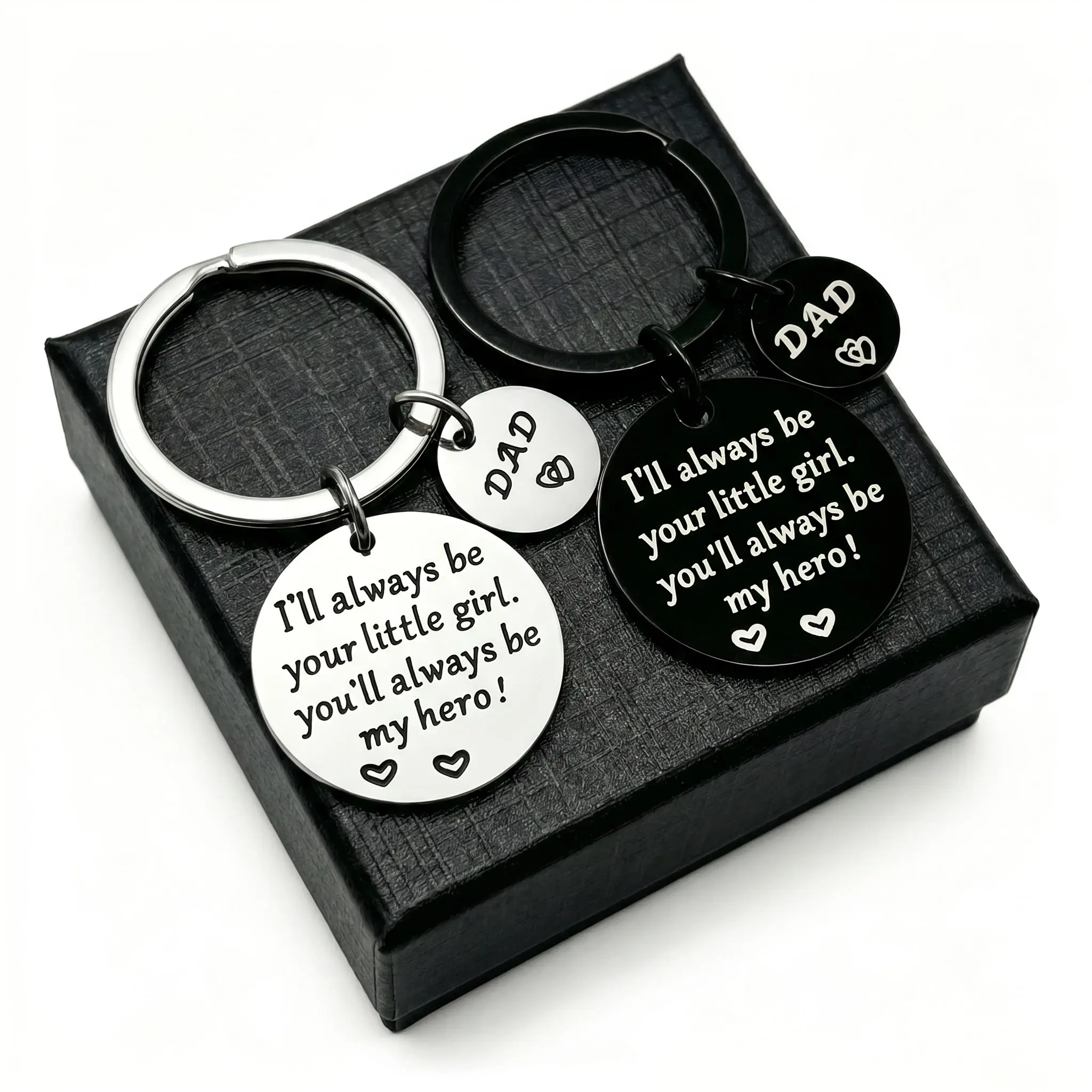 Dad-Themed Slogan Keychain for Dad from Daughter, Black Stainless Steel Keyring with Engraved Father Daughter Message Graphic, Modern Keepsake for Birthday or Father's Day, Dad-Themed Slogan Keychains