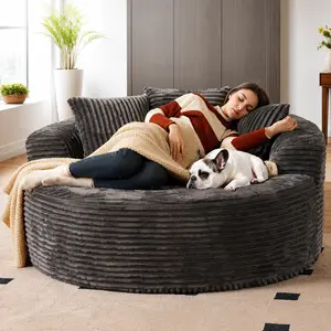 [Summer Vibes] 59" W Oversized Round Sofa Bed - Fluffy Lazy Bean Bag, Modern Deep Seat Couch for Relaxation, Plush Corduroy Fabric, 3 Pillows Included, No Assembly Required