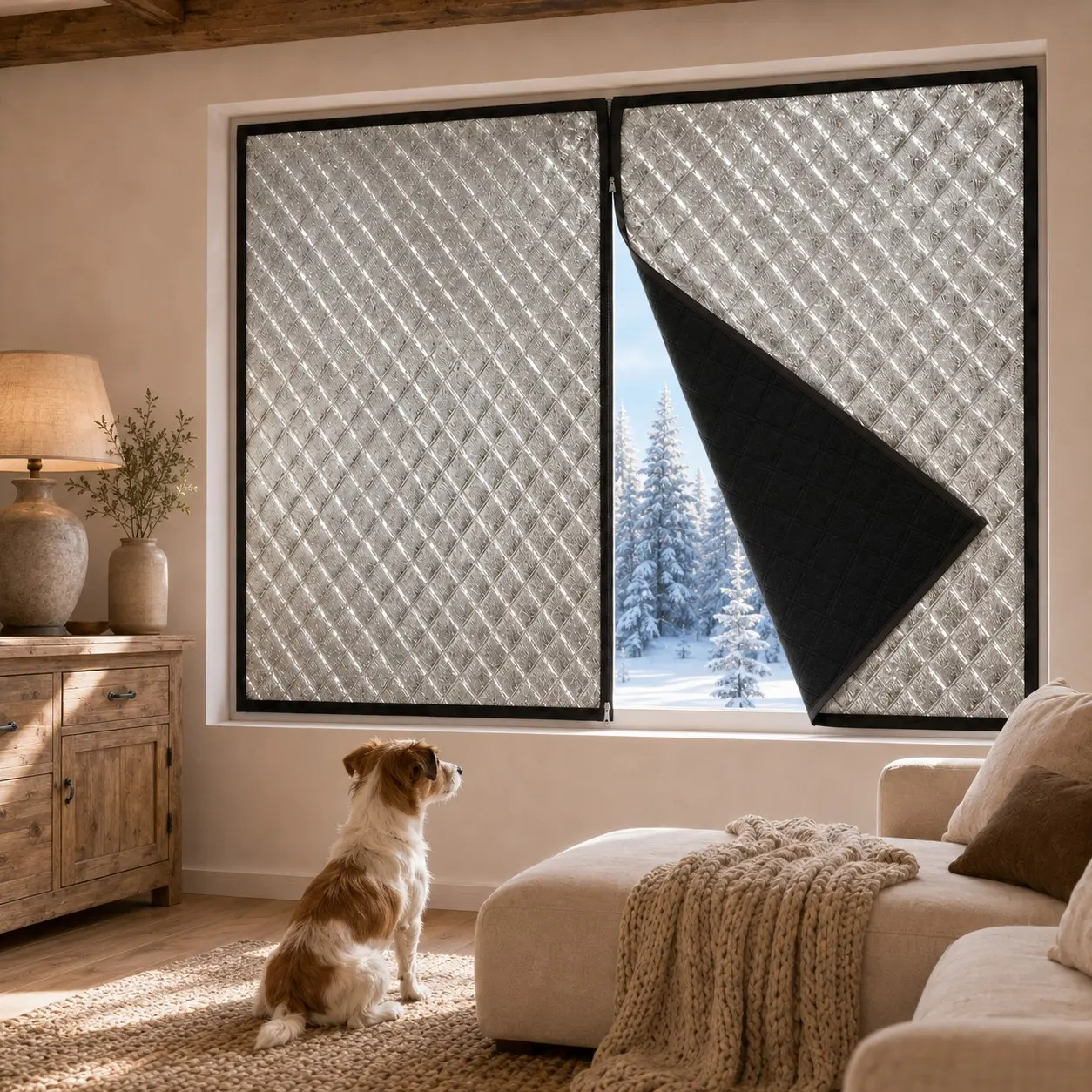 Winter Window Insulation Indoor Curtain with Zipper Opening, No-Drill Removable Thermal Cover, Windproof Blackout Draft Protection