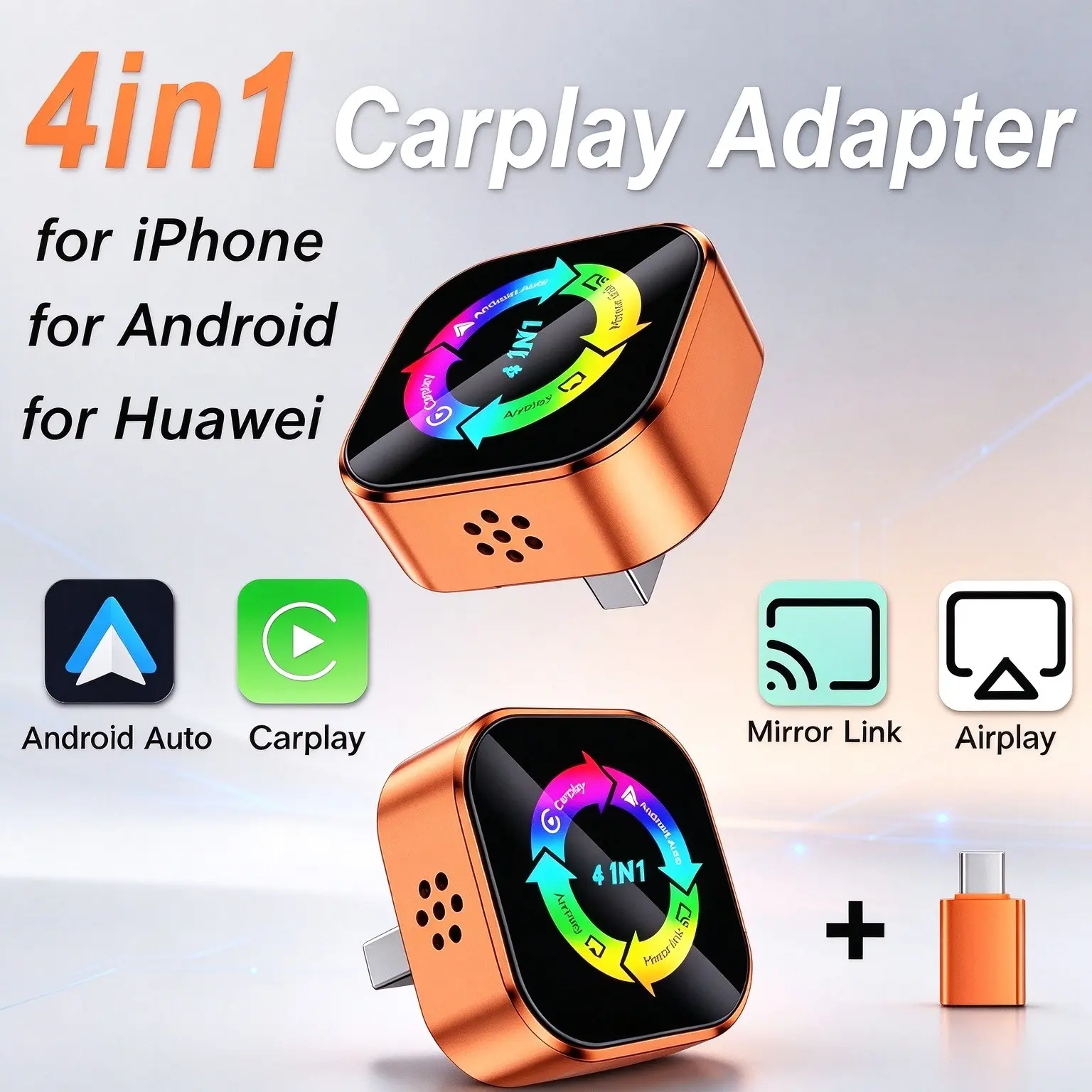 2027 New 4-in-1 Wireless CarPlay Adapter - Compatible with iPhone/Android | Fast Connection, Hands-Free Calling, AirPlay, Mirror Link, Netflix, YouTube. Type-C Adapter, Bluetooth 5.0 Fast Transmission, Ultra HD Stereo Sound Carplay Streaming Adapter