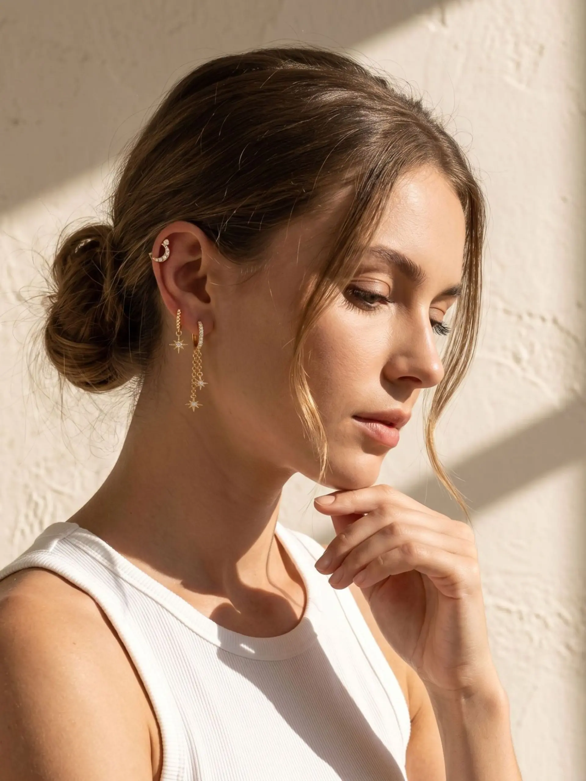 Three-Piece Star Moon Earrings Set, Zircon Studs Hoops Rings, Fashion Luxury Ear Jewelry, Gift for Holidays, Elegant Accessories