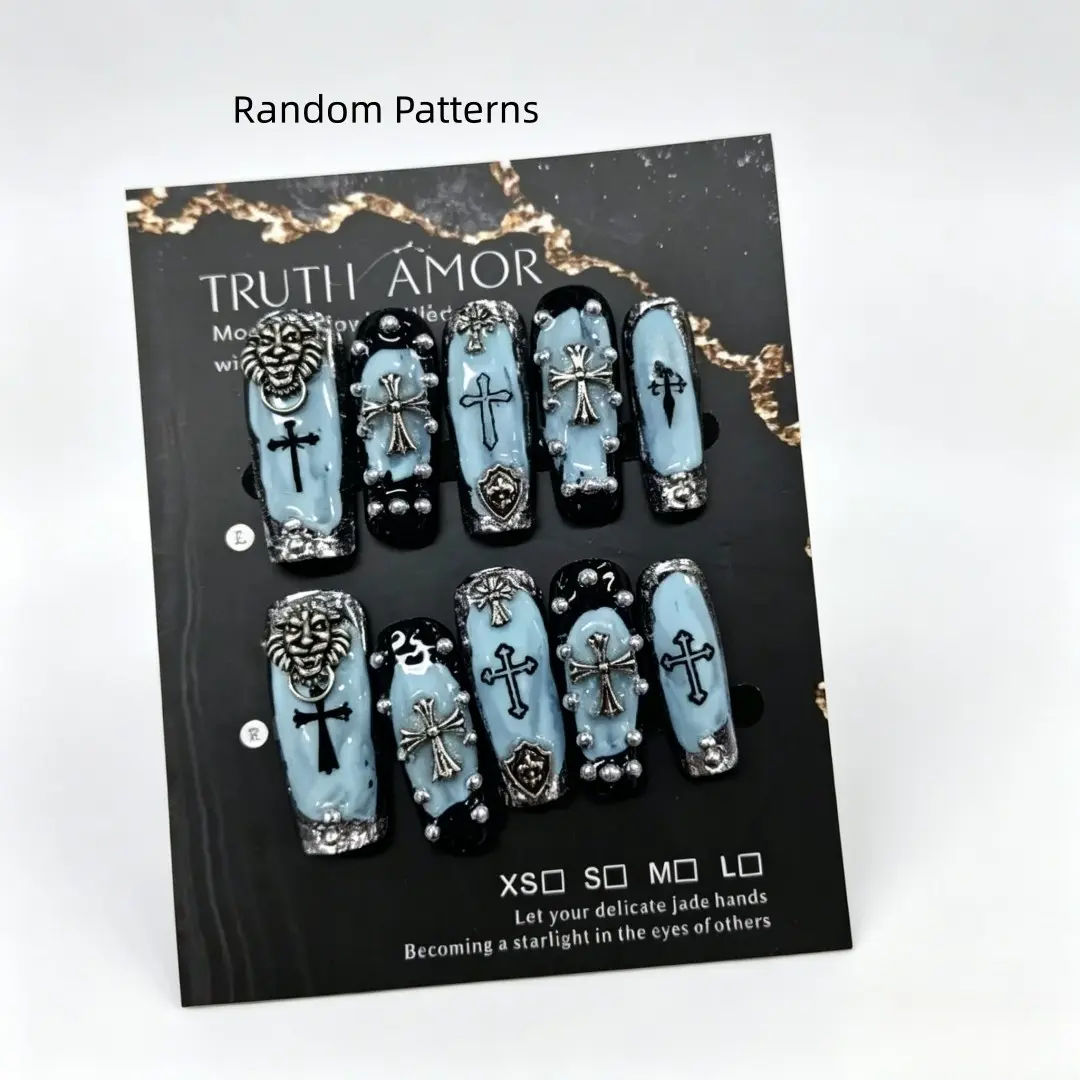 10Pcs TRUTH AMOR Gothic Cross Press On Nails, Medium Coffin Fake Nails with Lion & Cross Charms, Blue Black Punk Style Nail Designs Reusable False Nail Kit, GothicNails, CrossNails, PunkNailArt, PressOnNails, Decorative Nails