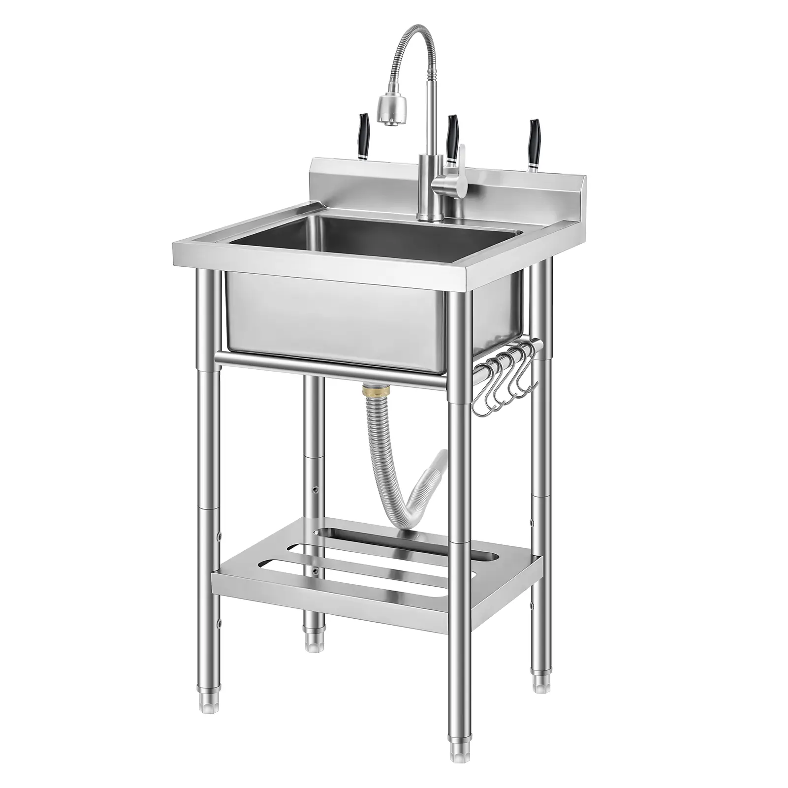 304 Stainless Steel Freestanding Utility basin - Single Bowl Laundry/Prep basin w/ Pull-Out Hot & Cold Faucet, Storage Shelf, S-Hooks, Adjustable Legs - 25.6 x 20.5 in