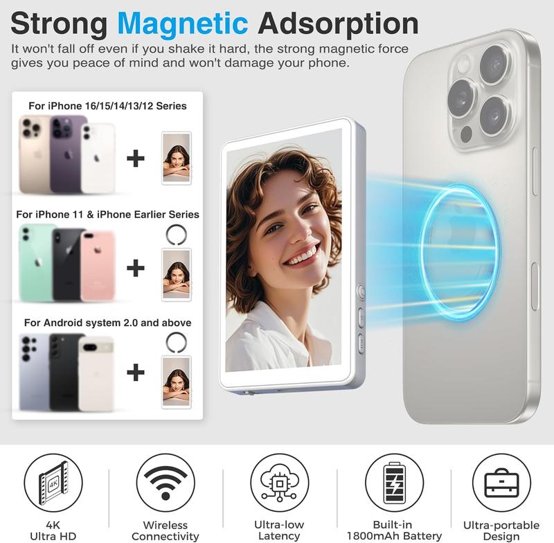 Vlog Selfie Monitor Screen 4K 30fps Bluetooth Remote Back Camera Monitor Compatible with iPhone Android Smartphone Accessories Cellphone White Black