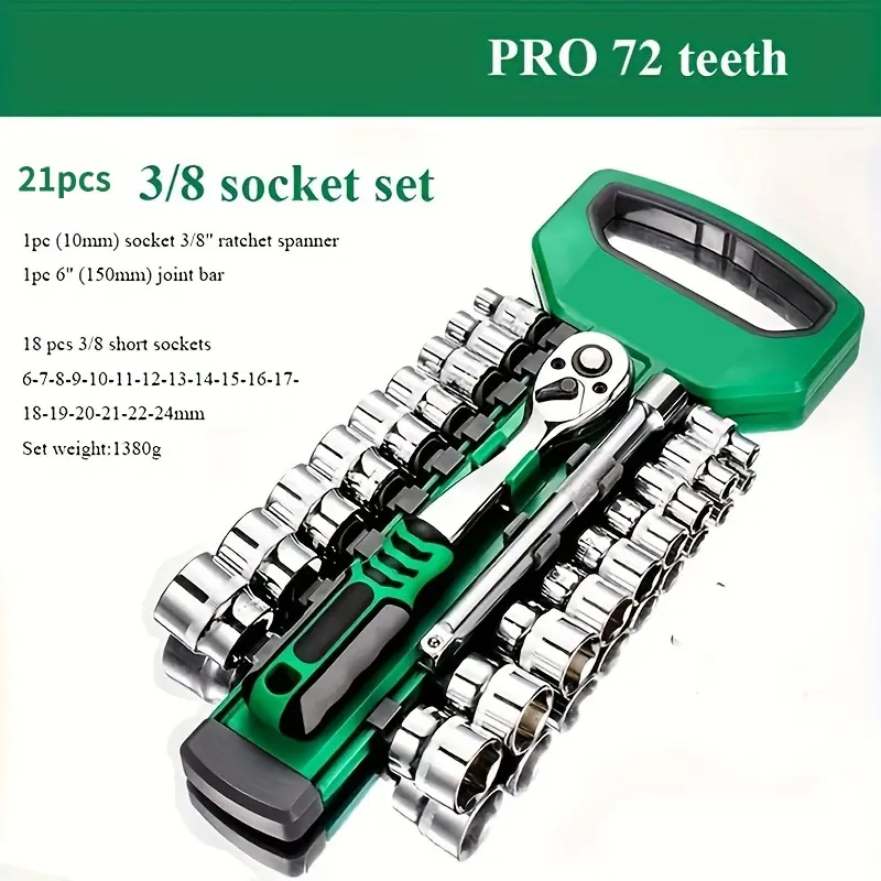 72 Tooth Precision Ratchet Spanner Set 21 Piece 3/8" Socket Set 6-24mm Lightweight 1380g All-Spec Tool Kit for Auto Repair DIY Home Appliance Maintenance