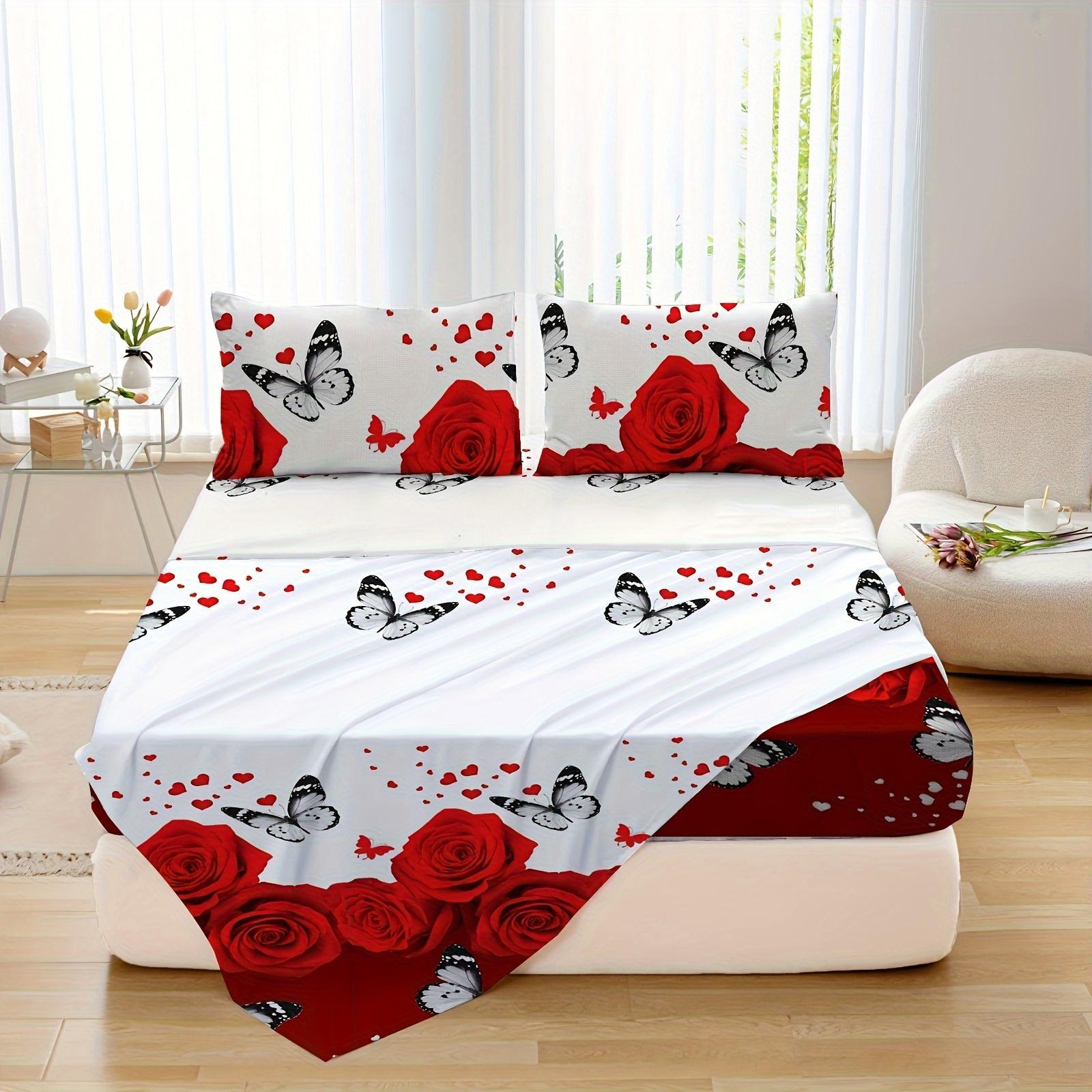 Rose & Butterfly Pattern Bedding Set, Including 1 Fitted Sheet & 1 Flat Sheet & 2 Pillowcases (No Pillow Inserts), Bedding Supplies for Home Bedroom Hotel
