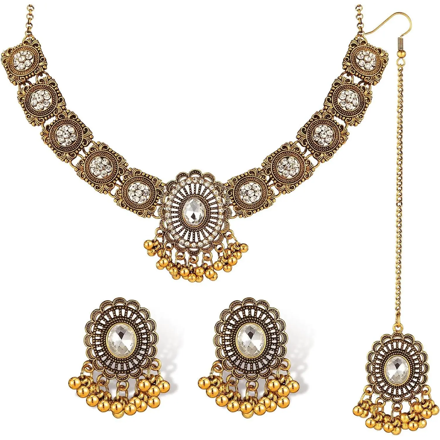 3 count Indian  Set for Women Navratri Maang Tikka Headpiece Traditional Indian   Rhinestone Forehead Chain Necklace Earrings for Wedding Garba Party Gifts