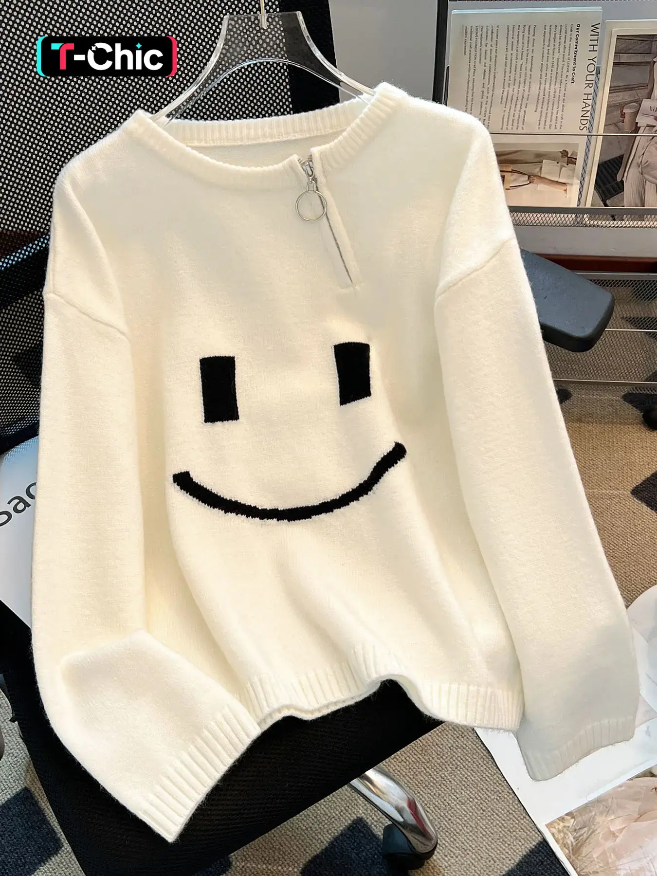 Spring Autumn Women's Zipper Smiley Face Simple Style Pullover Sweater, Elegant Casual Cute Versatile Knitwear for Winter