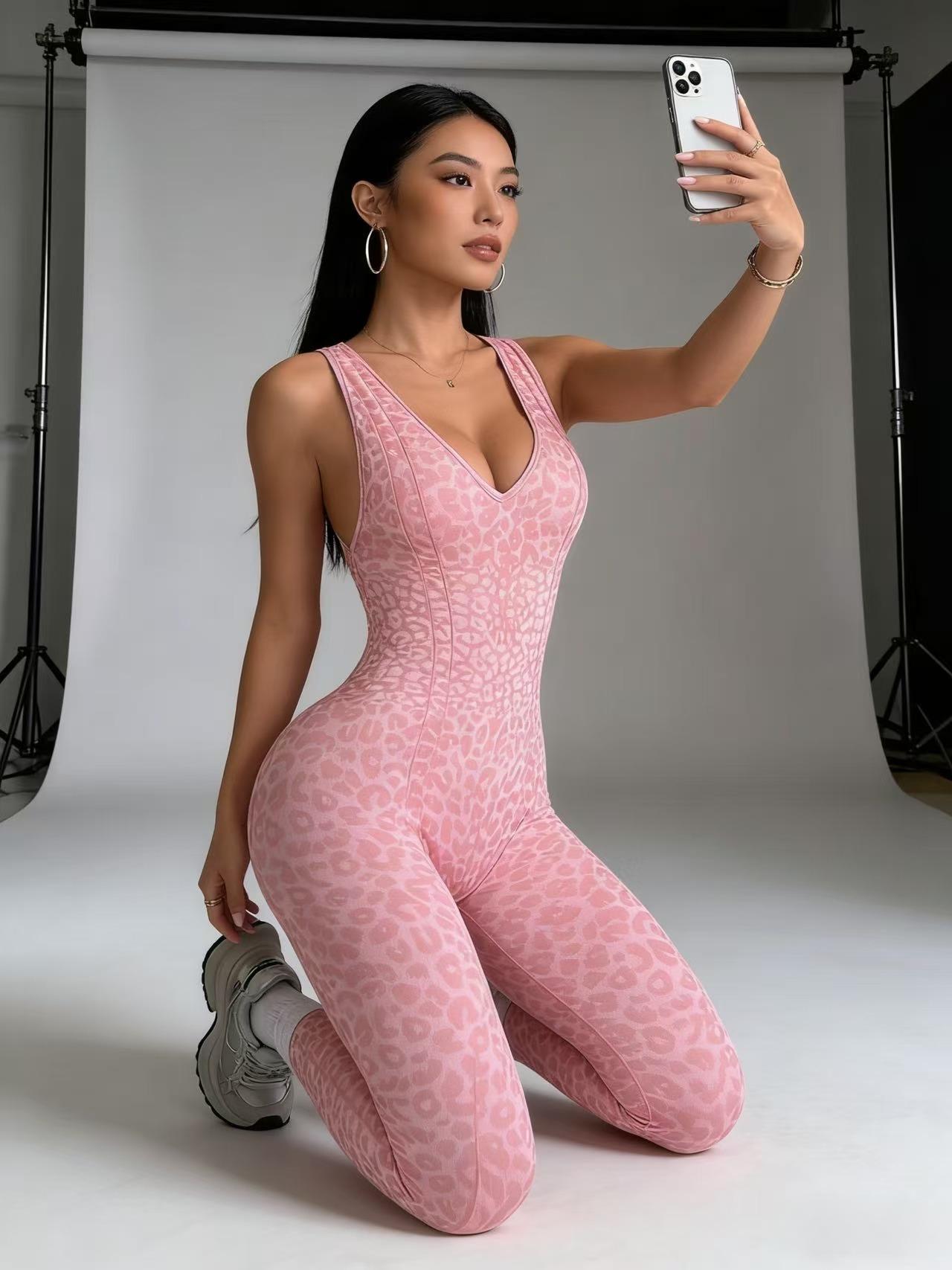 Women's Leopard Print Active Jumpsuit – High-Waisted Tummy Control Bodysuit with Open Back, Built-in Bra, Seamless Gym Wear for Yoga & Training