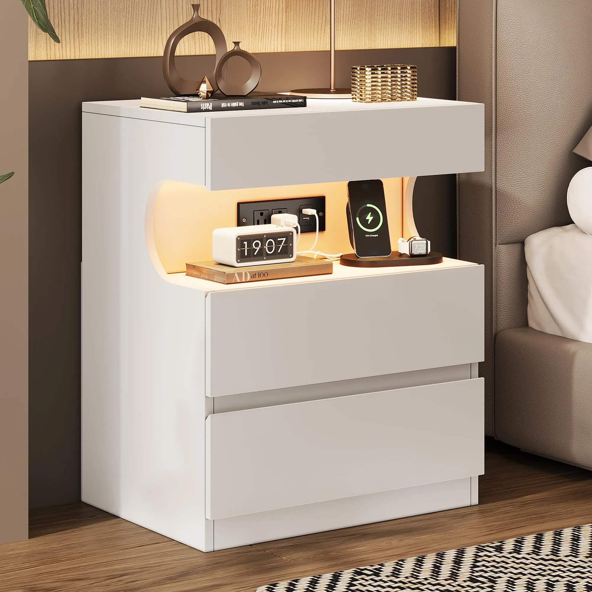 【IdealHouse】White Modern Bedside Table with App Controlled LED Light and Charging Station, 3 Drawer Nightstand Built with USB Ports and Power Outlets, U Shape Open Shelf Storage Side Table for Bedroom