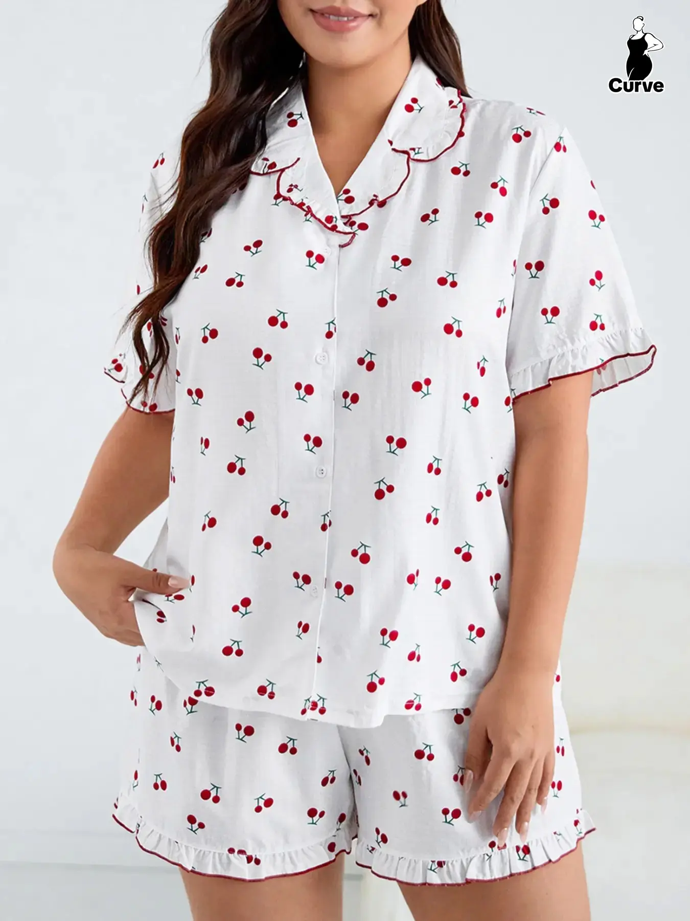 Plus Size Women's Cute Cherry Pajama Set, Textured Ruffle Button Collar Short Sleeve Top + Printed Shorts, Sweet Comfort Sleepwear