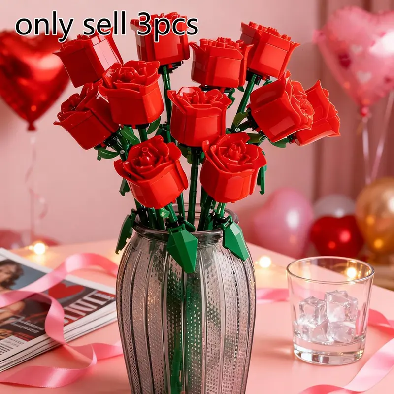 Artificial Rose Building Blocks, 3/6 counts Plastic Faux Floral Artificial Flower Blocks Toy, Diy Rose Building Blocks, Home Decor, Birthday Gift, Gift Ideas for mother's day gifts