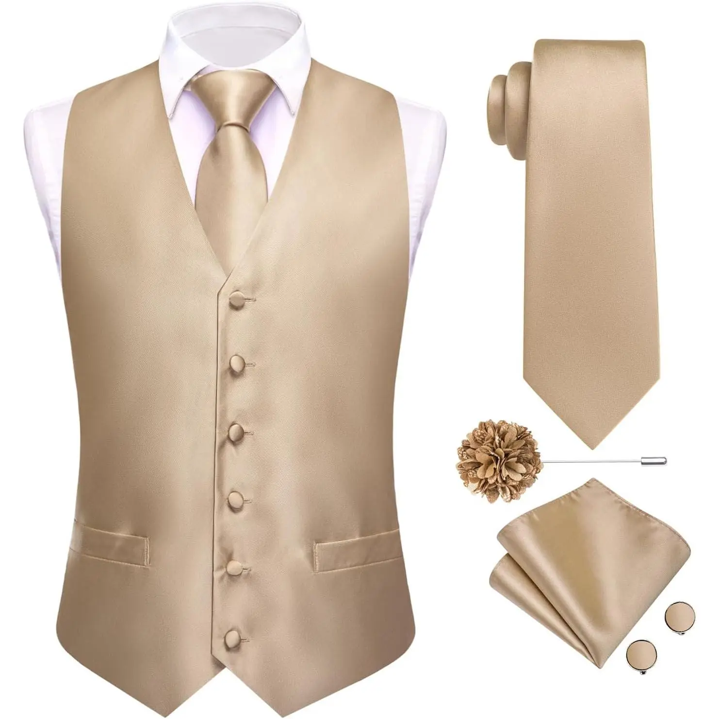 Hi-Tie Mens Silk Suit Vest Jacquard 5PCS Necktie Pocket Square Cufflinks Lapel Pin Formal Wedding Tuxedo