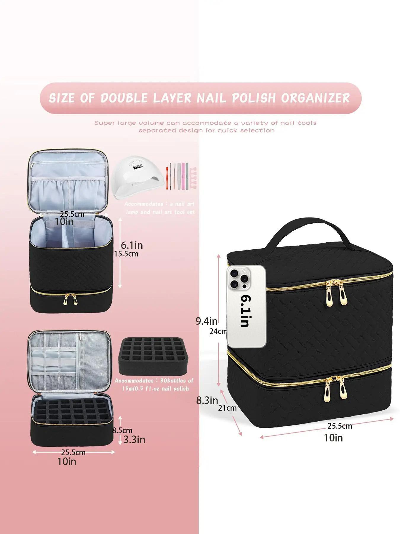 Double Quilted Nail Polish Storage Bag, Portable Nail Polish Nail Kit Supplies Organizer, Gel Nail Polish Carrying Case, Makeup Storage Bag, Holds 30 Bottles of Nail Polish