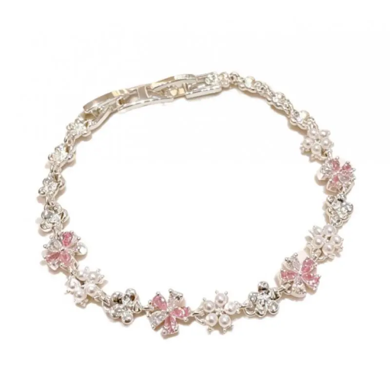 Loveden Pink Cherry Blossom Pearl Bracelet for Women, Copper Chain Floral Wrist Jewelry, Dainty Cute Bracelet Gift for Girlfriend Daily Wear