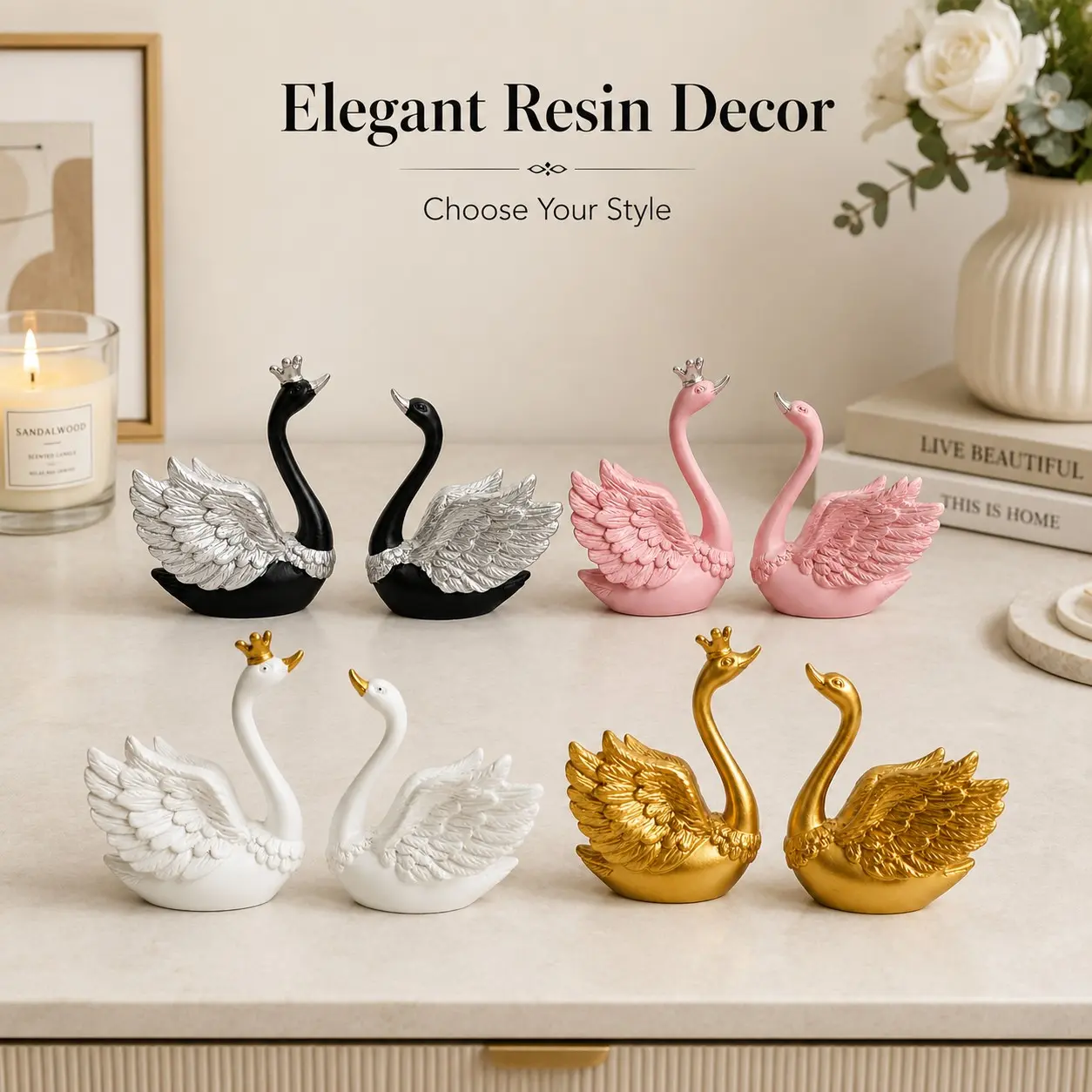 2pcs Resin Mini Swan Decor Set, Elegant Couple Swan Statue, Romantic Love Bird Sculpture, Collectible Figurines, Modern Home Decoration, Wedding Anniversary Gift