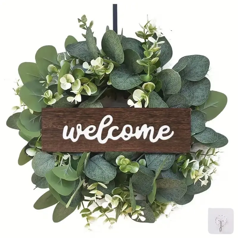 Eucalyptus Wreath with Welcome Sign, Artificial Wreath with Berries, Decorative for Front Door, Wall, Window, Garden