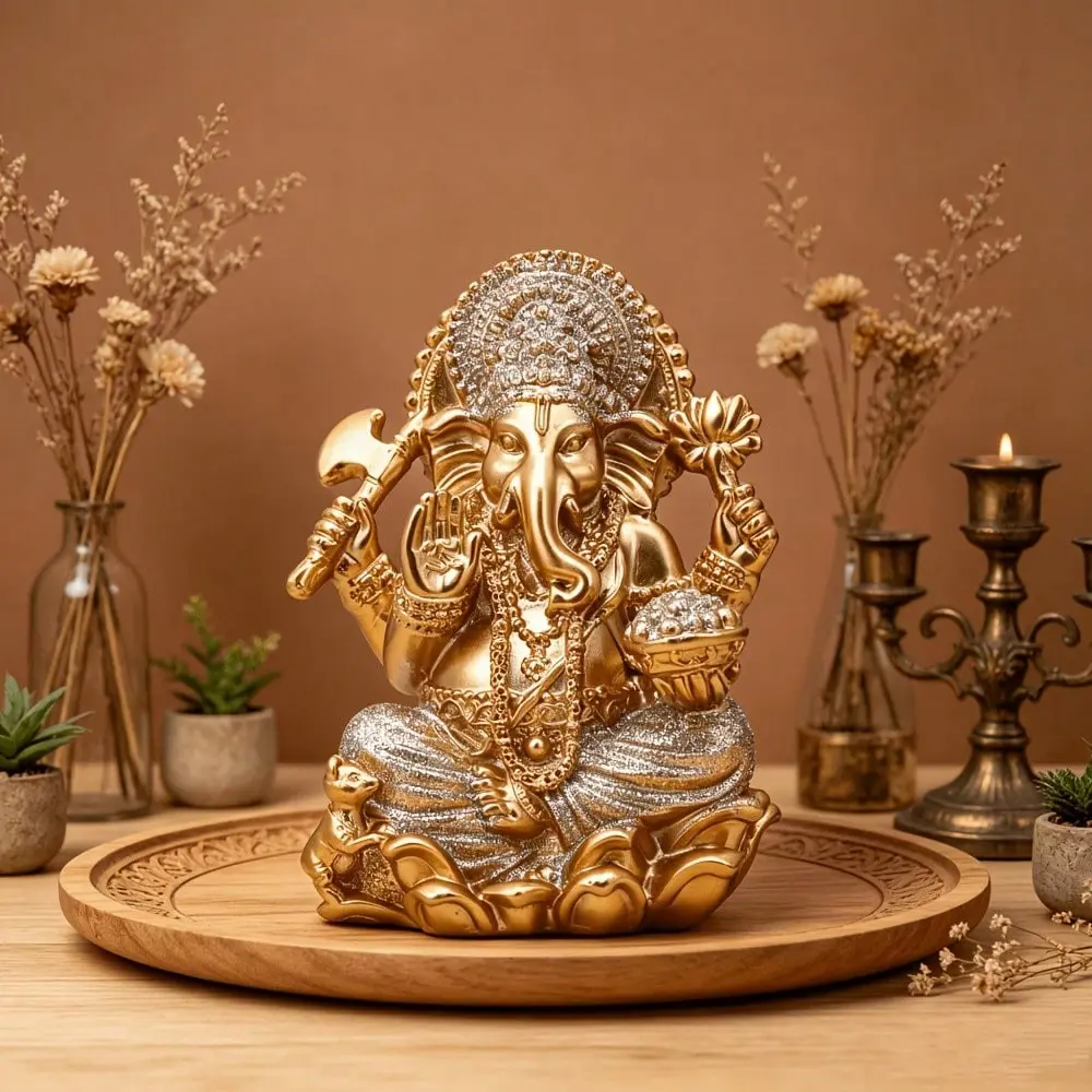 Ganesha Statue with Glitter, Lotus Base, Hindu God Idol, Symbol of Success and Prosperity, Wisdom and Wealth, Home Altar, Diwali Gift