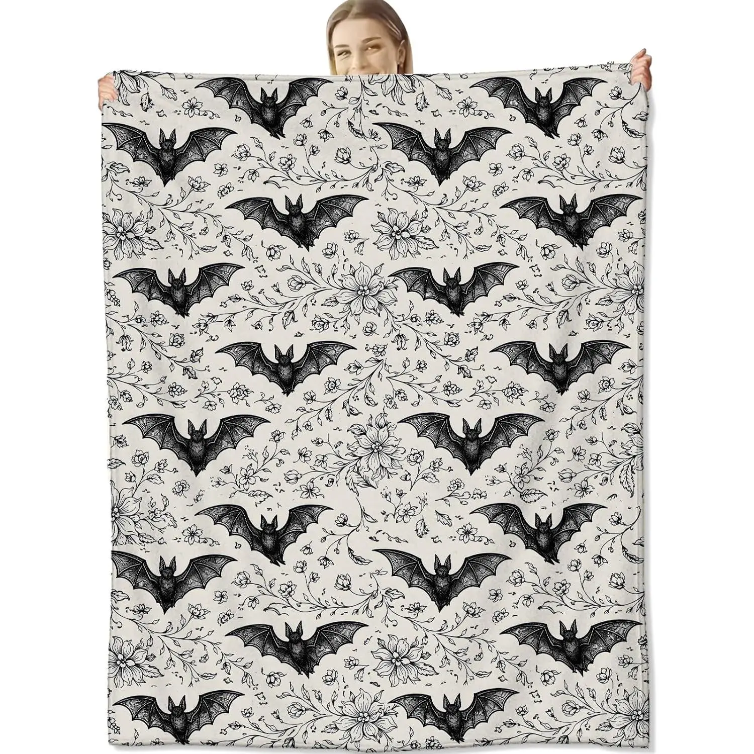 Gothic Floral Bat Flannel Throw Blanket - Soft, Lightweight Vintage Black and White Blanket for Couch & Bed, Halloween Party, Whimsical Home Decor, Goth Lovers Gift