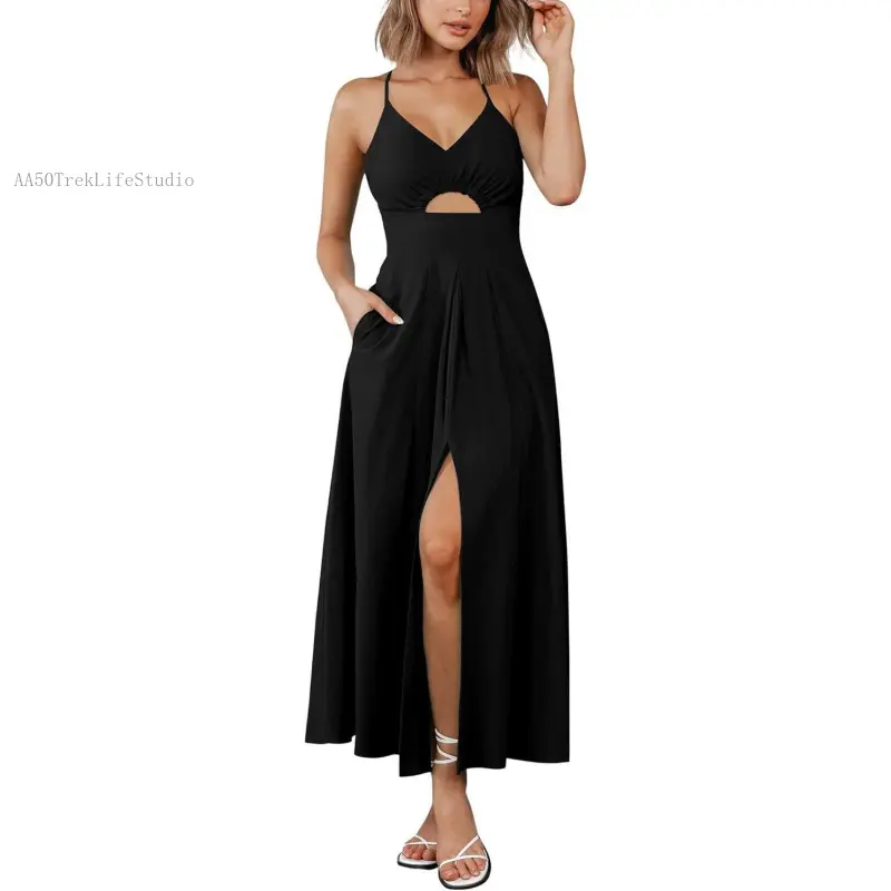 Women Spaghetti Strap Midi Summer Dresses Sleeveless V Neck Cutout Slit Casual Beach Party Maxi Dress Pockets AA50TrekLifeStudio