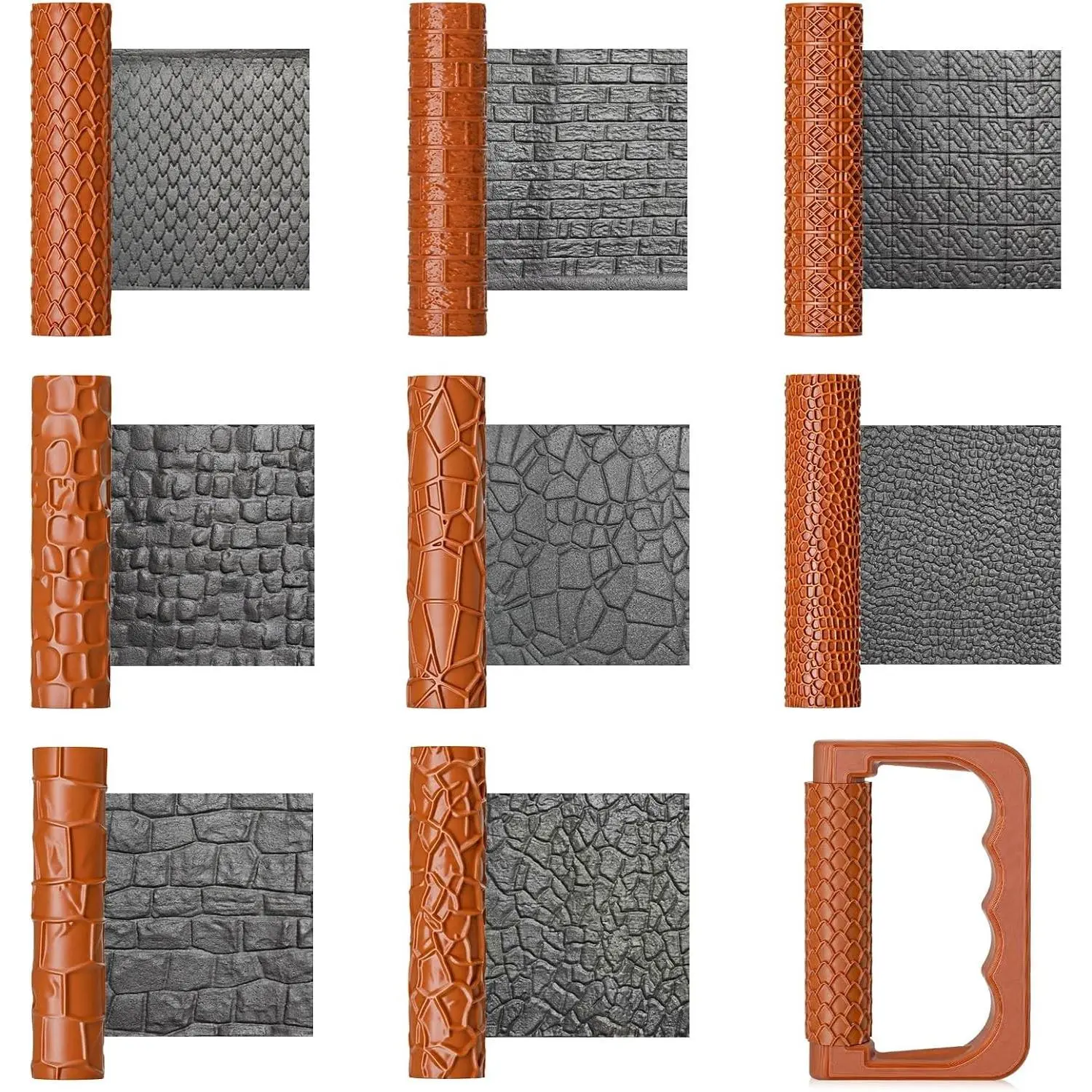 9 Pcs Clay Texture Roller Set with Handle, 8-Pattern 3D-Printed Miniature Texture Rollers for Clay, Miniatures, Tabletop, Pottery (Terrain)