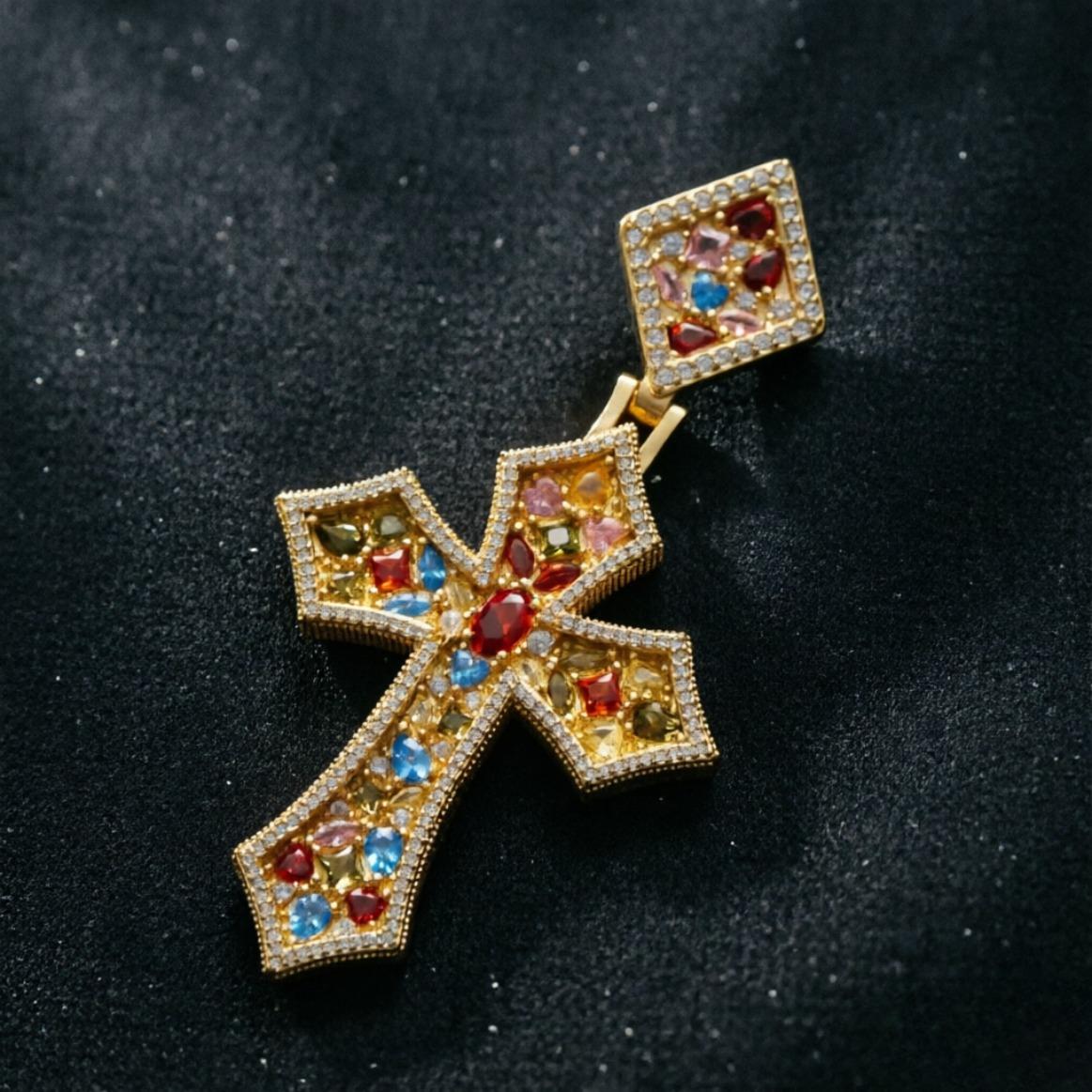 5A+ Sri Lanka Colorful Moissanite Rhomboid Gothic Cross Pendant With Necklace, Miami Italy Mexico & Micro Inspired for Women & Men, Luxury Jewelry, Daily Wear, Casual Fashion, Gift, Classic Hip Hop Simple Sporty