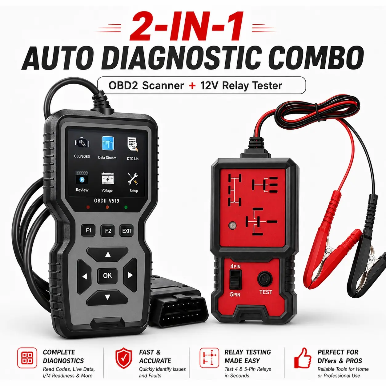 2-In-1 Automotive Diagnostic Tool Bundle, Obd2 Scanner + Universal Relay Tester, Car Code Reader, Fault Code Eraser, Live Data, Battery Check for 12V Vehicles