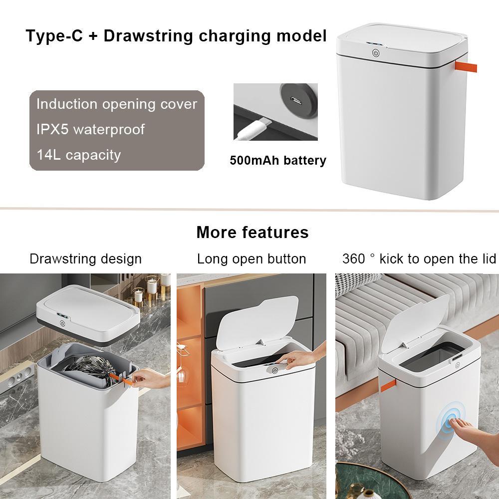 14L Compact Capacity Automatic Sensor Trash Can, Rechargeable Smart ABS Material Trash Can with 2 Counts Hook & 20pcs Garbage Bag, Suitable for Office, Home, Bedroom, Living Room, Kitchen, Bathroom