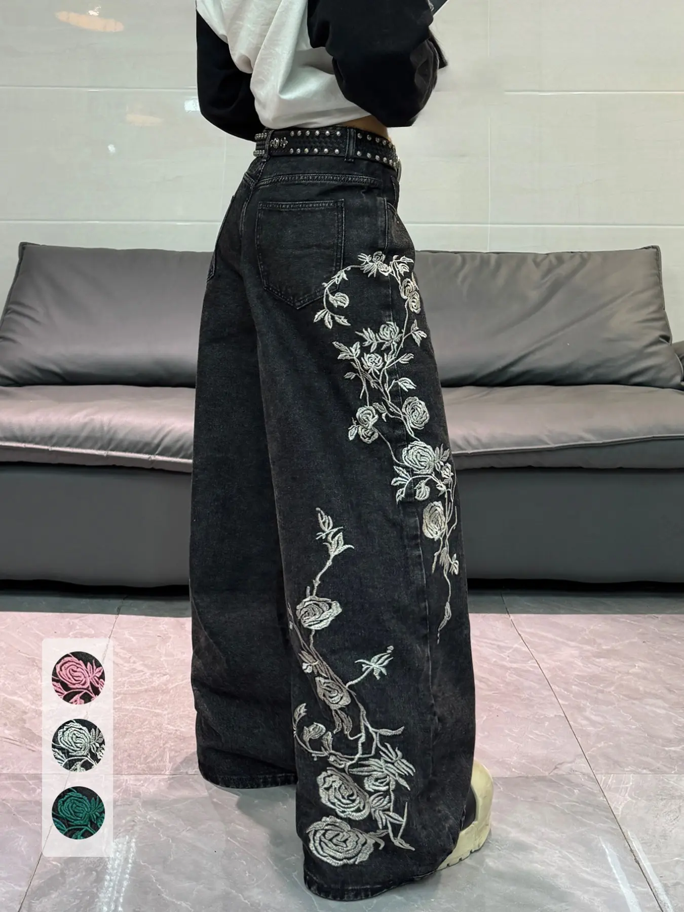 Fashion Floral Rose Embroidered Jeans, Street Style Loose-Fit Wide Leg Pants, Bohemian Loose Jeans, Comfortable All-Season Long Pants for Women