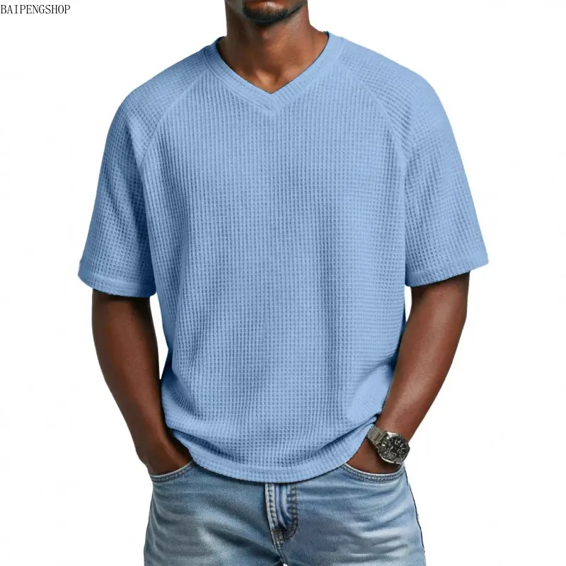 2026 Mens V-Neck Waffle Knit Short Sleeve T-Shirts - Breathable Soft Loose Fit Summer Menswear, Lightweight Daily Essential, Versatile Casual Plaid Pattern Tops for Sports Travel, Cotton Blend