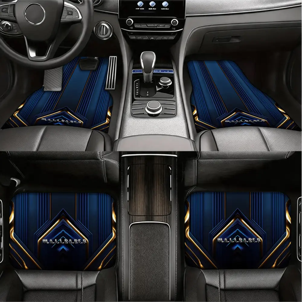 Luxury Car Floor Mats, Custom Fit Auto Floor Liners, Blue And Gold Geometric Pattern With Logo, Premium Non-Slip Rubber Material, Universal For Sedan And Suv Drivers, 4 Piece Set Front And Rear