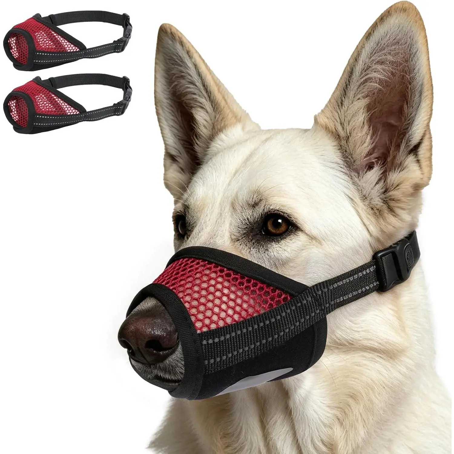 2-Pack Anti-Biting & Anti-Barking Dog Muzzle for Medium Dogs - Secure, Easy-Clean, Breathable Soft Mesh Mouth Guard for Grooming, Vet Visits, Red, M