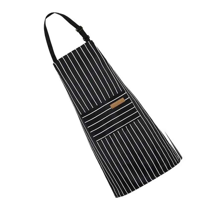 White Black Striped Man Woman Home Restaurant Kitchen Baking Nail Bib Oil Repellent Work Apron Adjustable