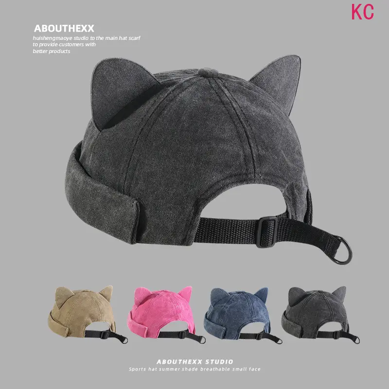 Washed Distressed Cat Ear Beanie Cap, Versatile Trendy Brimless Skullcap For Men And Women Daily Casual Streetwear Accessory