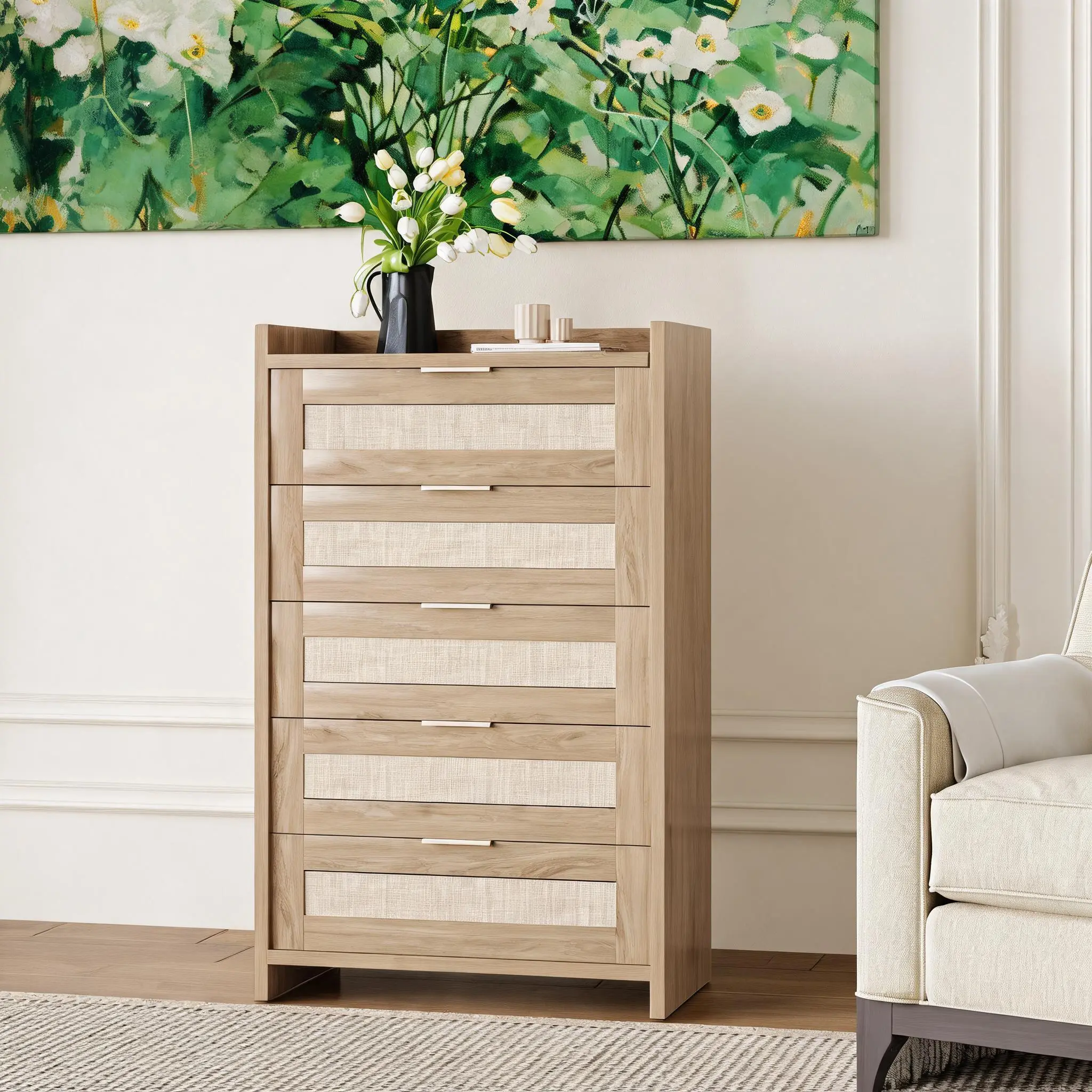 5 Drawer Rattan Dresser 46in Tall Wood Chest of Drawers for Bedroom Living Room Closet Storage Cabinet Modern Boho Farmhouse Style Gold Handle