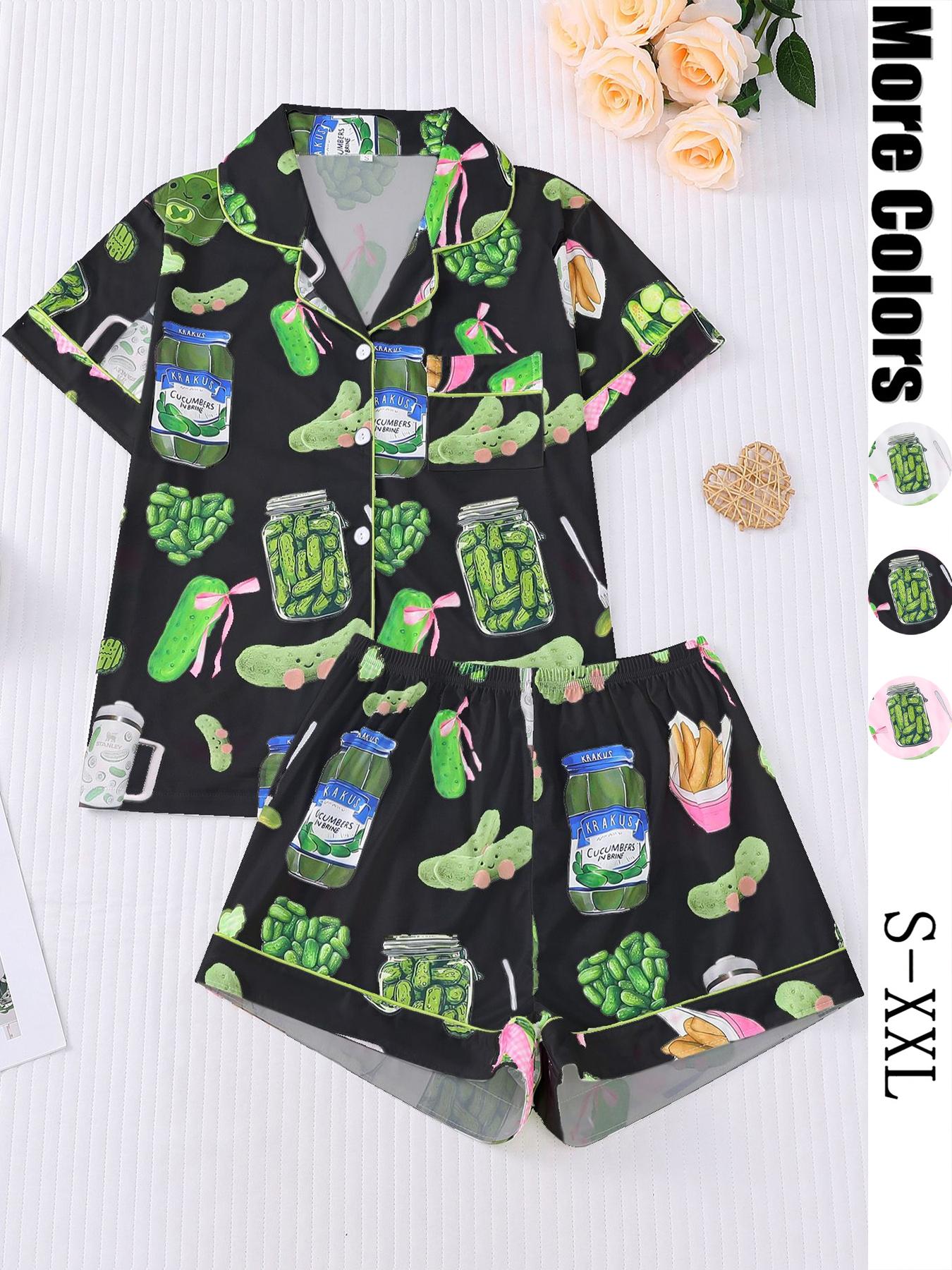 Women's Cucumber Print Short Sleeve Pajama Set, Casual Comfy Button Front Chest Pocket Design Lapel Neck Top & Elastic Waist Shorts PJ Set, Ladies Sleepwear Loungewear