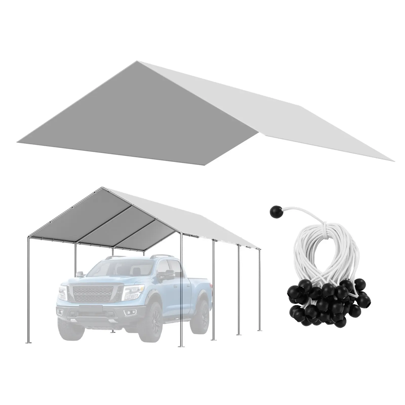 Outdoor 10x20ft Size Carport Replacement Canopy, UV-Resistant Waterproof Heavy-Duty Garage Tent Roof Tarp, Car Shelter Cover With Bungee Cords, Includes Stakes And Tie-Down Straps (Grey Frame Not Included)