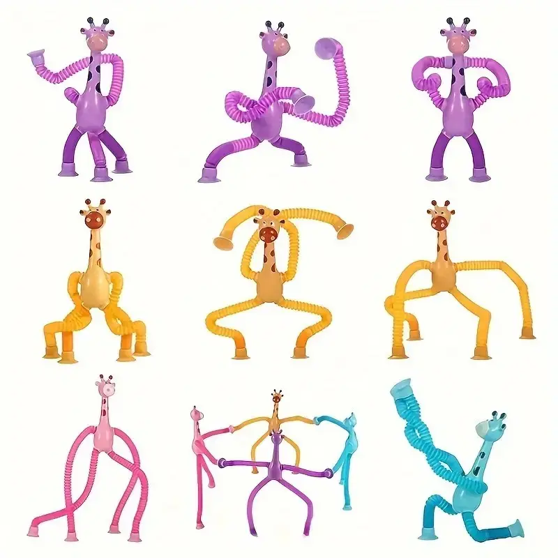 4-Piece Giraffe Suction Toy Set, Stretchy Cartoon Design, Multiple Play Modes, Stress Relief Sensory Toy for Kids, Battery-Free