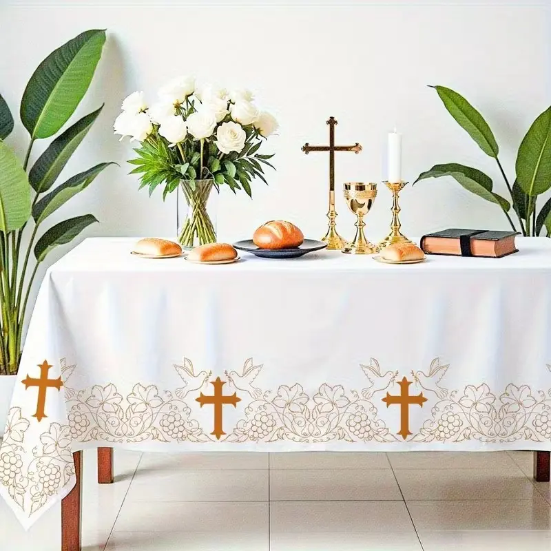 Elegant Rectangular Polyester Tablecloth, Gold Cross and Grapevine Print, Ideal for First Communion, Baptism, Christmas, Easter, Table Decoration