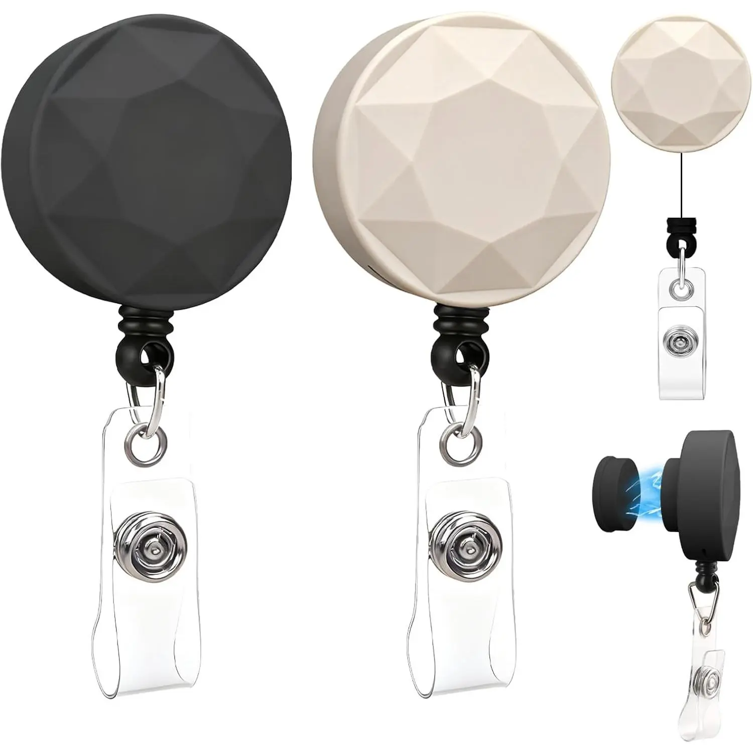 2 Pcs Retractable Magnetic Badge Reel, Diamond Design Strong Magnetic Badge Holder, Name ID Tag Clip with 24 Inch Pull Cord for Nurses Teachers Office Staff (Black & Beige)