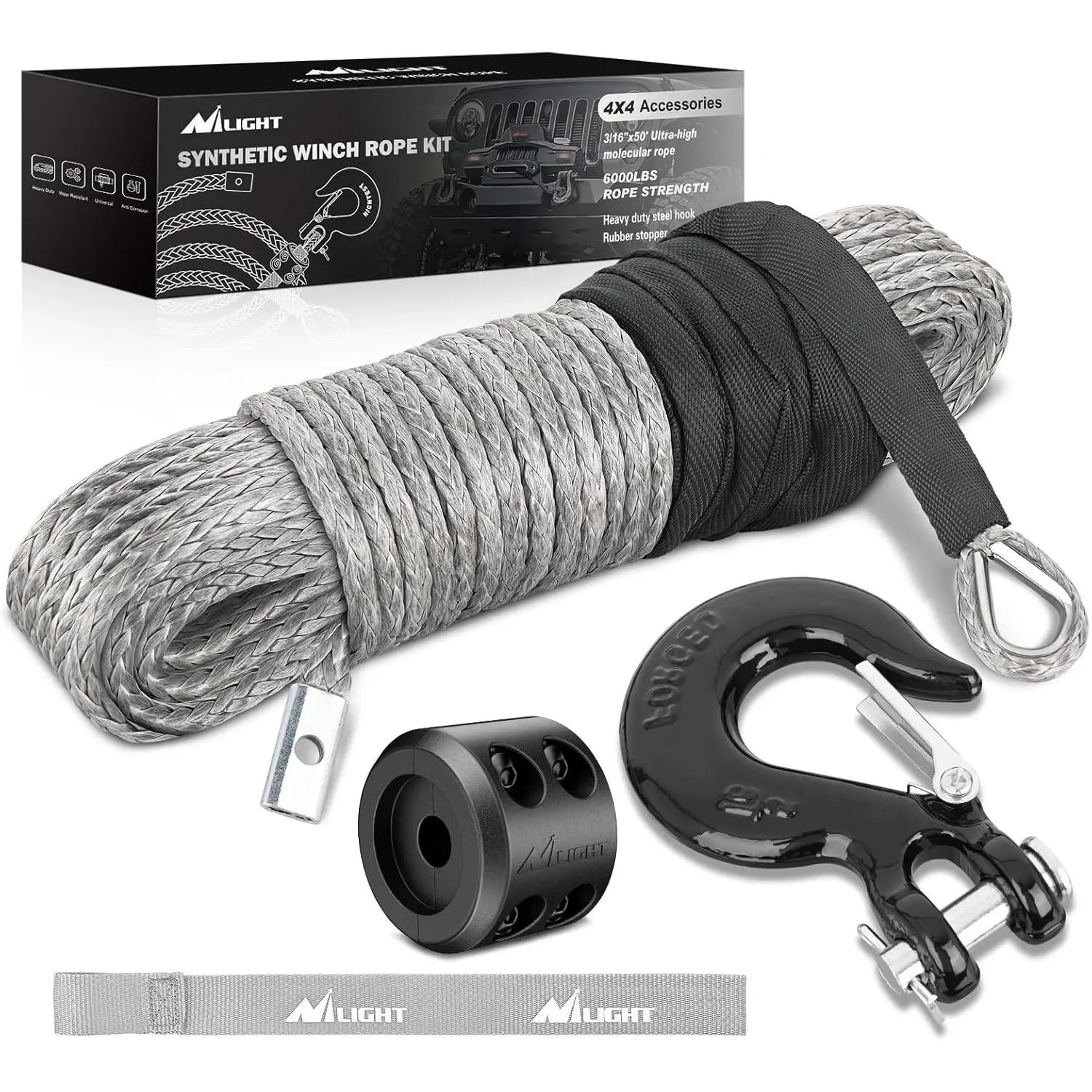 Nilight Synthetic Winch Rope Kit 3/16 Inch x 50 Feet - 6000 lbs Cable Line With Protective Sleeve, 13500 lbs Hook, Stopper for 4WD Off Road   UTV ATV SUV Truck, Grey