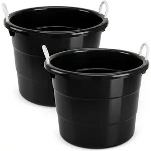 2-Pack Utility Tub, Large Plastic Storage Bucket with Rope Handles, 18 Gallon, Black - Portable Indoor and Outdoor Buckets for Kitchen, Laundry, Garden, Bathroom, and Garage Organization