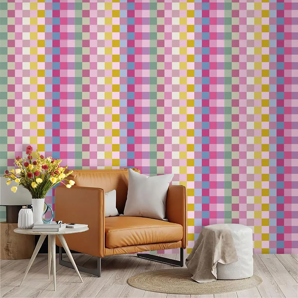 Macaron Rainbow Checkerboard Wallpaper, PVC Material, Self-Adhesive, Mould-Proof, Ideal for Kitchen/living Room/bedroom Decor