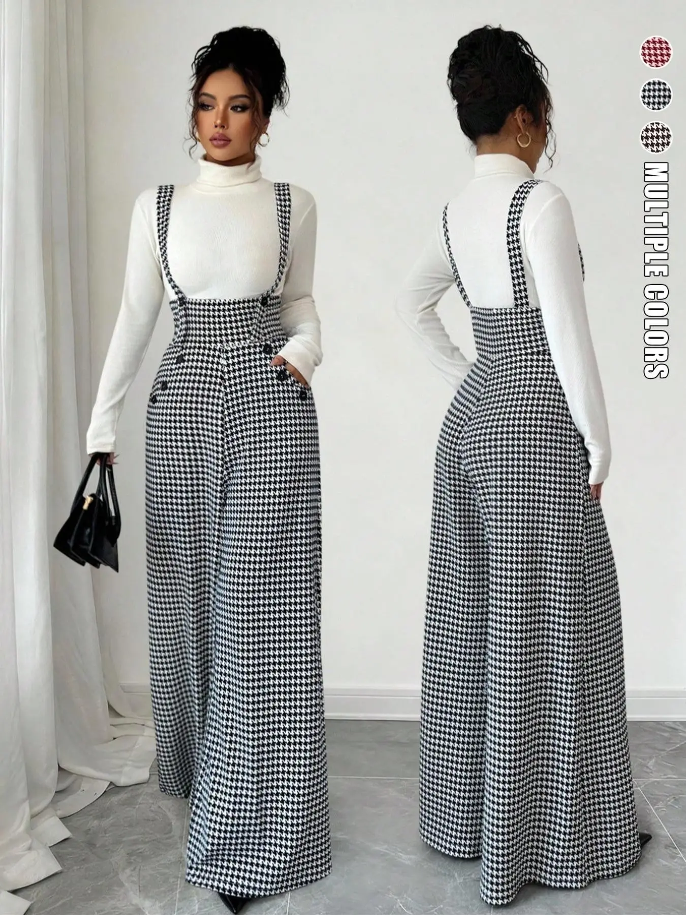 Women's Knitted Houndstooth Checkered Strap Wide Leg Pants, High Waist Front Button Pocket Strappy Long Pants, Fashionable and Elegant for Daily Commute