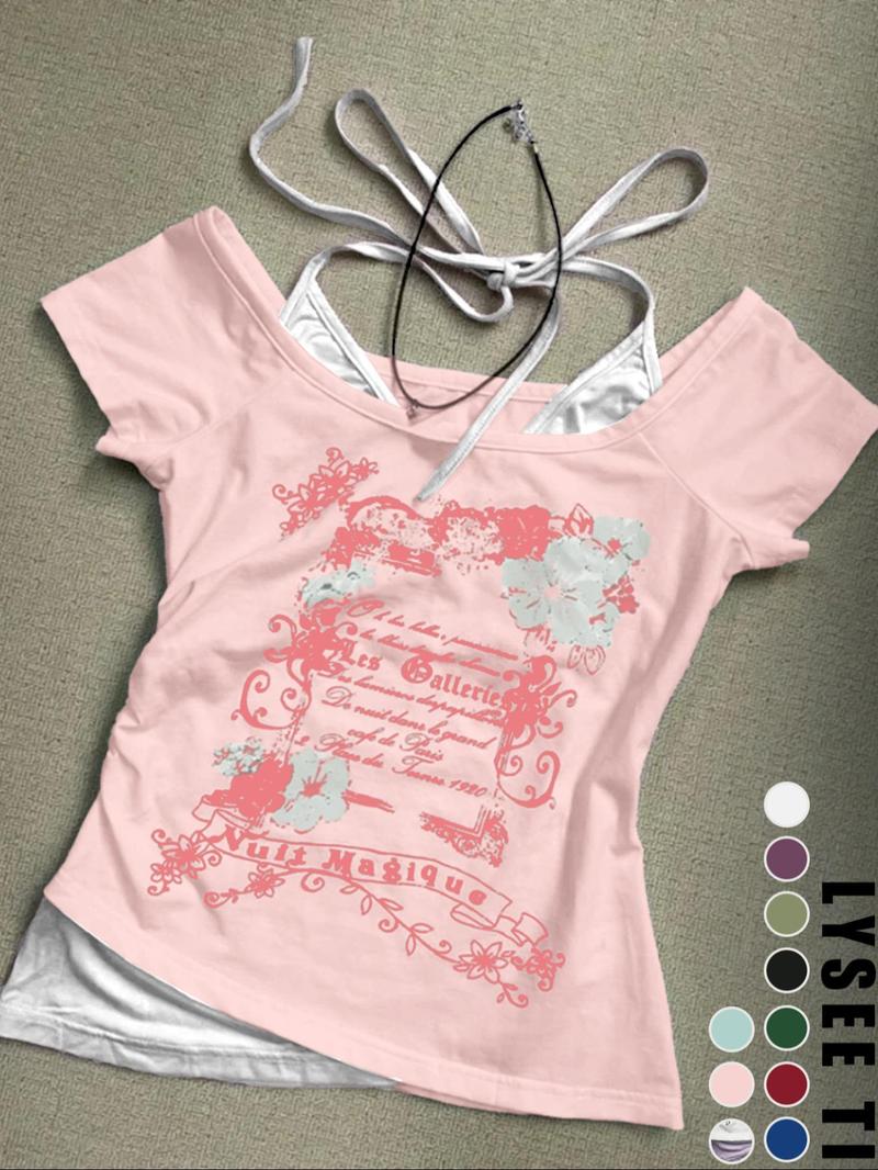 Women's 2 in 1 Floral & Letter Print  Halter Tee, Y2k Casual Top for Summer, Ladies Clothes for Daily Wear