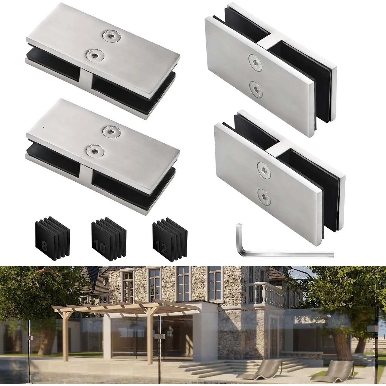 Railing Glass Clamps 4 Pack, Glass Balustrade Clamp for 5/16"- 3/8"-1/2"Thinkness, 304 Stainless Steel Double Sided Railing Clip Holder for Pool Outdoor Fence Balcony Stair(Silve, 180 -4pcs)