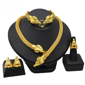 4Pcs Gold Plated Dual Snake Head Woven Mesh Jewelry Set, Thick Mesh Statement Necklace Matching Snake Earrings Bracelet Ring